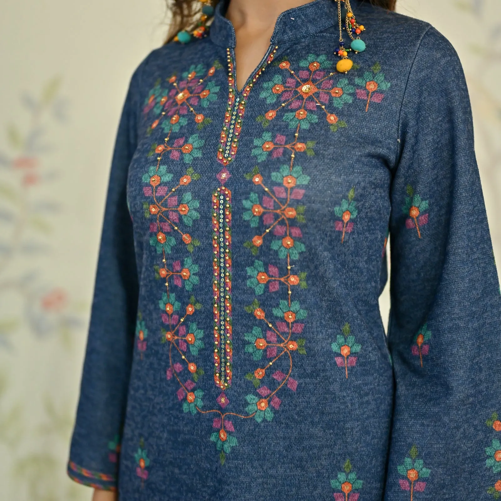 Navy Blue Geometric Floral Woollen Kurta with Embroidery Detail