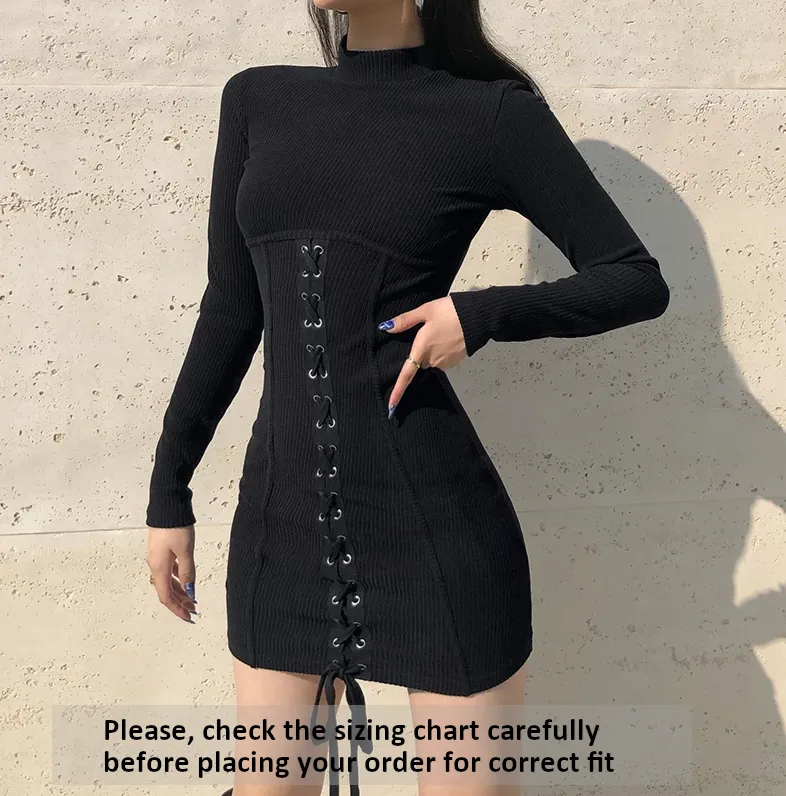 Noir Lace-Up Enigma Gothic Mini Dress - Slim Fit Sheath Dress Black Tied Bandage Y2K Knitted Bodycon Dress Long Sleeve Half Turtleneck Sexy