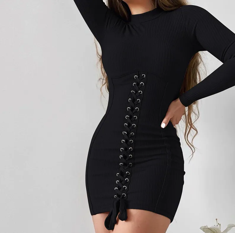 Noir Lace-Up Enigma Gothic Mini Dress - Slim Fit Sheath Dress Black Tied Bandage Y2K Knitted Bodycon Dress Long Sleeve Half Turtleneck Sexy