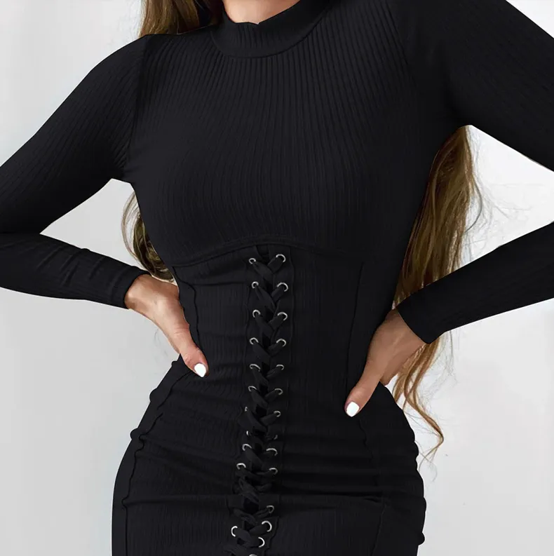 Noir Lace-Up Enigma Gothic Mini Dress - Slim Fit Sheath Dress Black Tied Bandage Y2K Knitted Bodycon Dress Long Sleeve Half Turtleneck Sexy