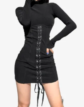 Noir Lace-Up Enigma Gothic Mini Dress - Slim Fit Sheath Dress Black Tied Bandage Y2K Knitted Bodycon Dress Long Sleeve Half Turtleneck Sexy