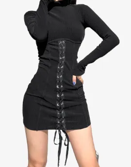 Noir Lace-Up Enigma Gothic Mini Dress - Slim Fit Sheath Dress Black Tied Bandage Y2K Knitted Bodycon Dress Long Sleeve Half Turtleneck Sexy