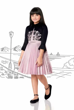Onion Pink Frock With Black Printed Overcoat For Girls
