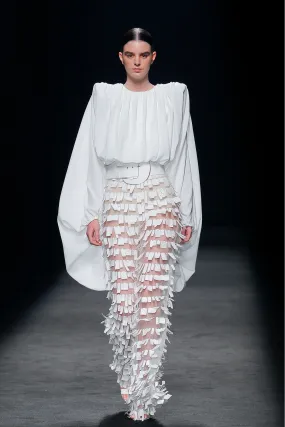 Pleated Blouse with Tulle Multilayered Flared Pants