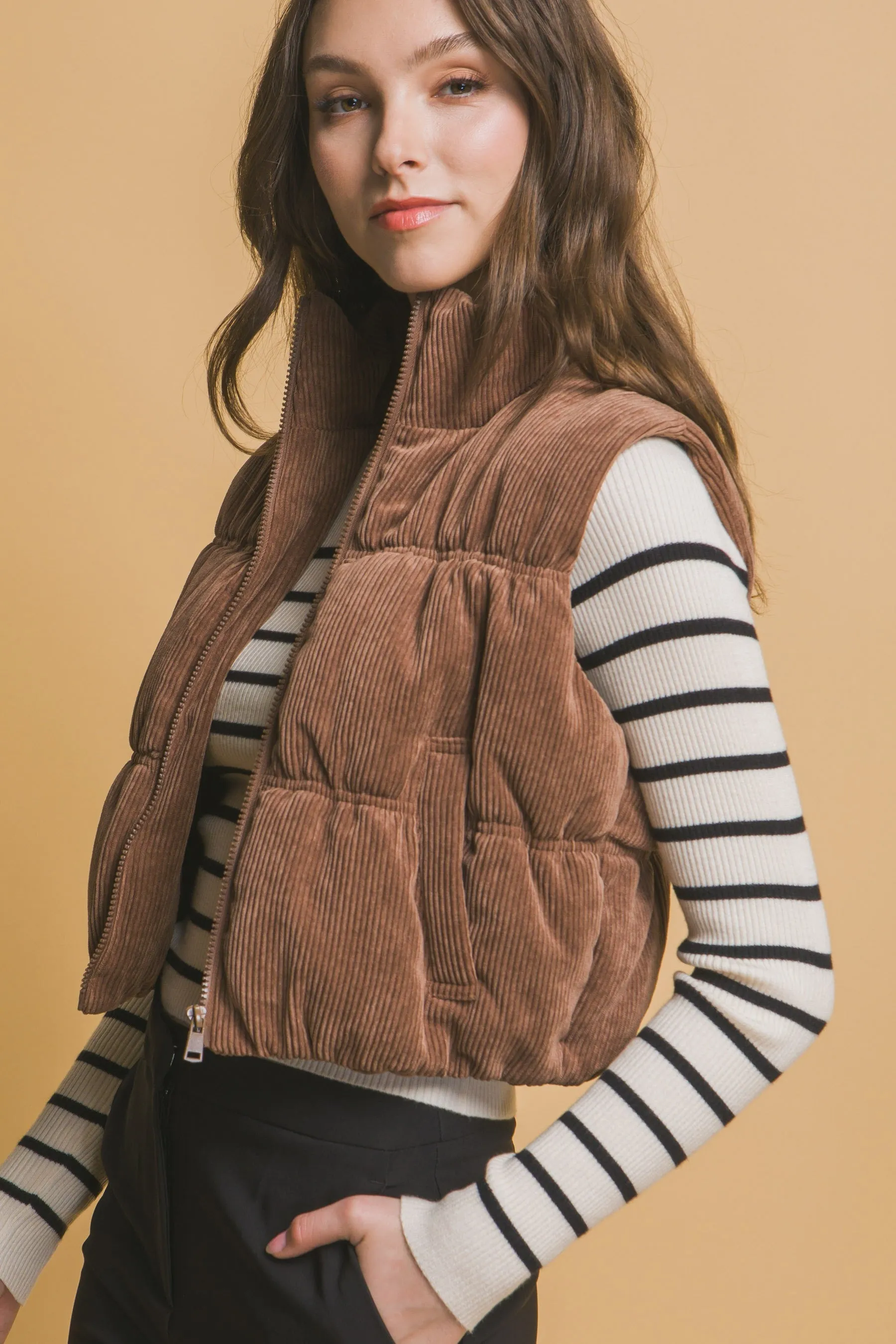 "Dreaming Of Fall" Light Brown Corduroy Puffer Vest