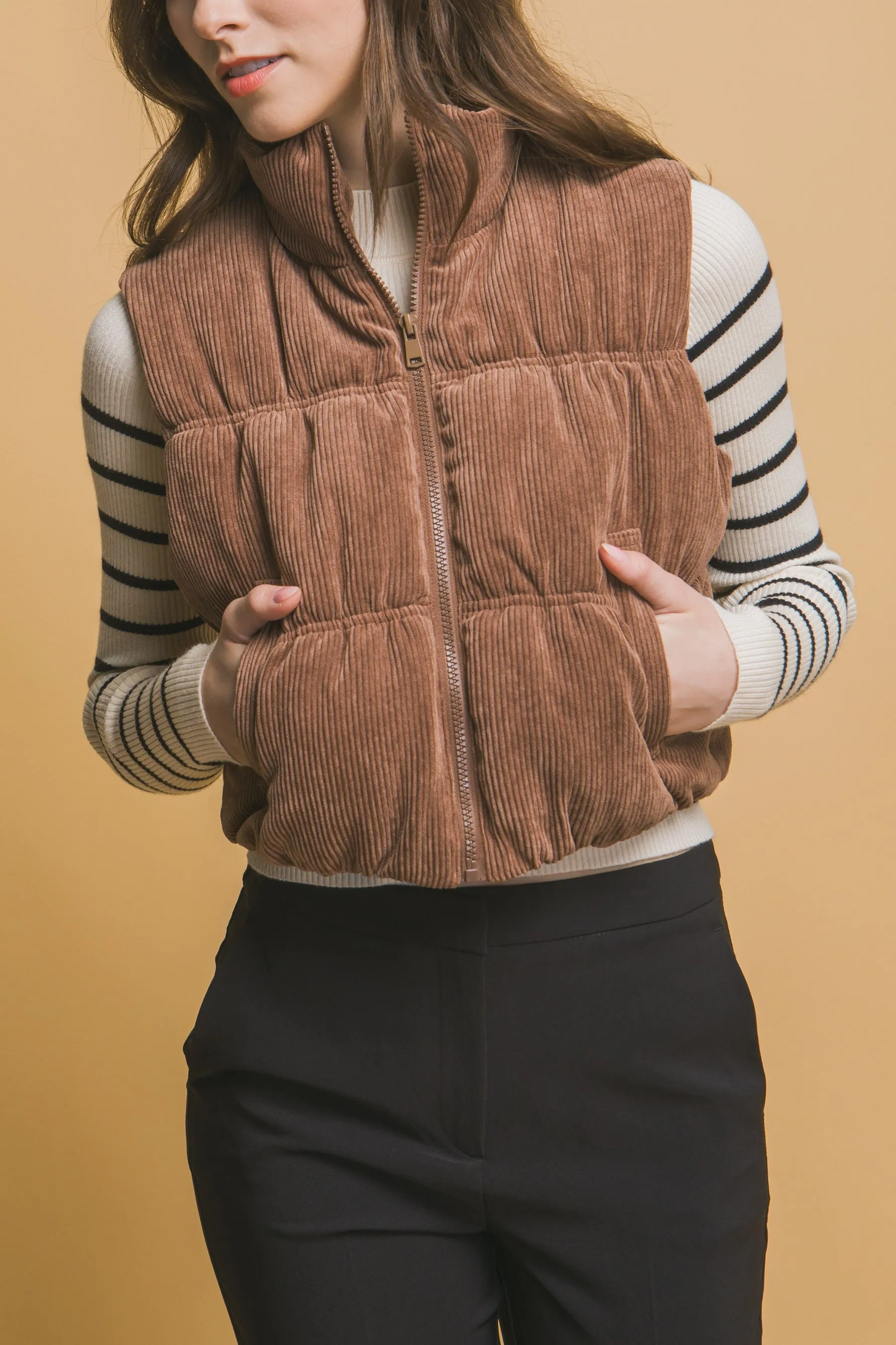"Dreaming Of Fall" Light Brown Corduroy Puffer Vest