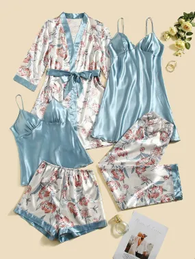 "Get cozy in this 5-piece floral print satin set! 🌸✨ #SatinRobe #CamiTop #NightDress #Pants #Shorts"