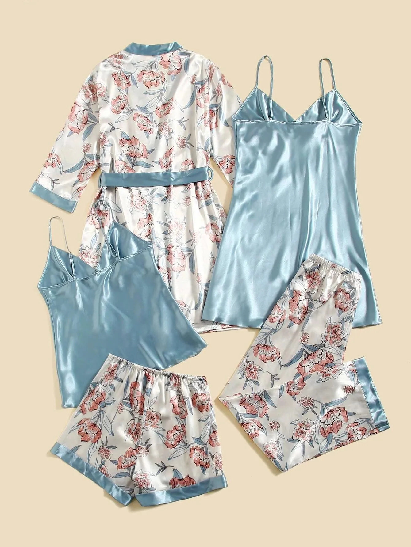 "Get cozy in this 5-piece floral print satin set! 🌸✨ #SatinRobe #CamiTop #NightDress #Pants #Shorts"