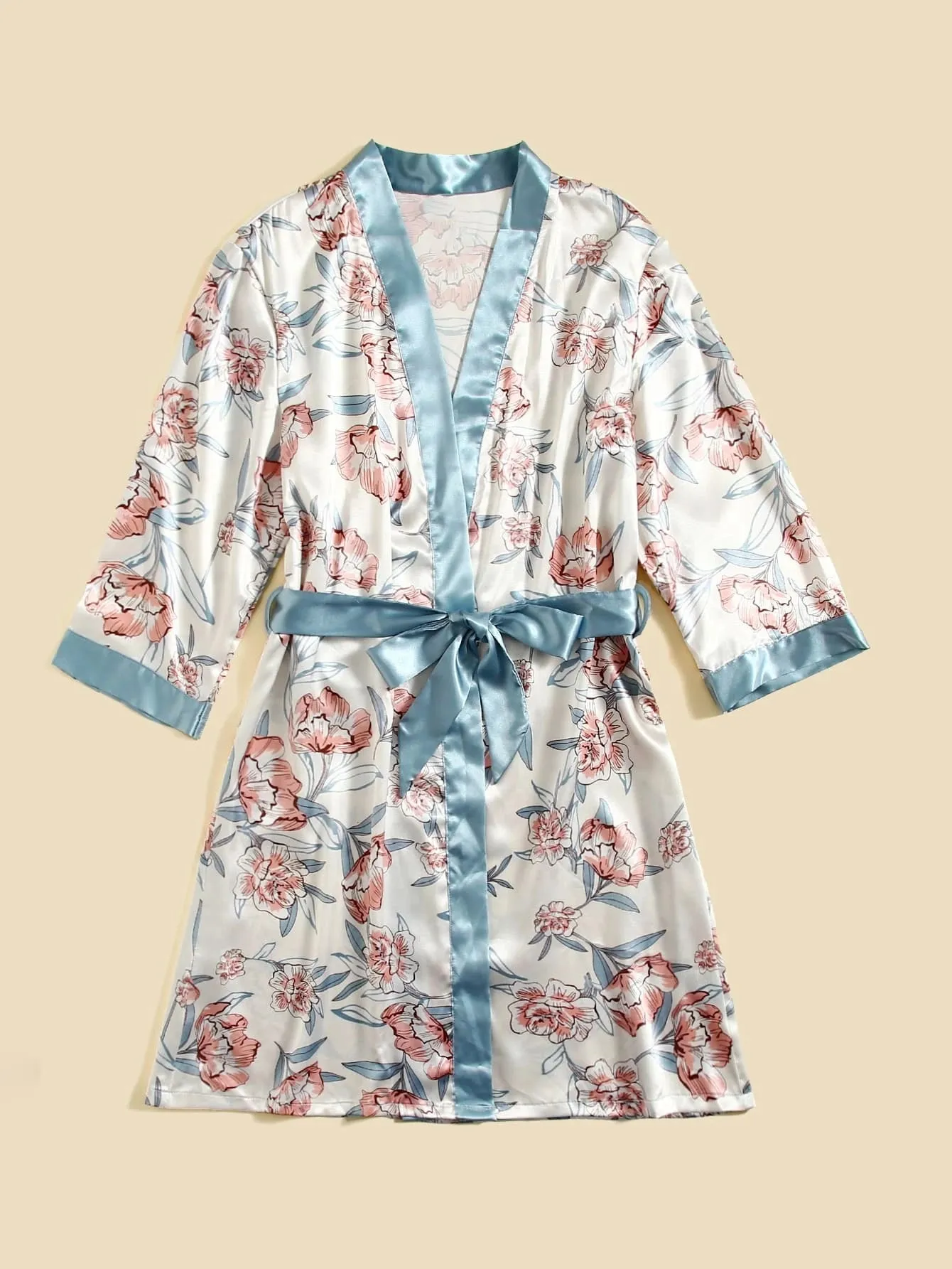 "Get cozy in this 5-piece floral print satin set! 🌸✨ #SatinRobe #CamiTop #NightDress #Pants #Shorts"