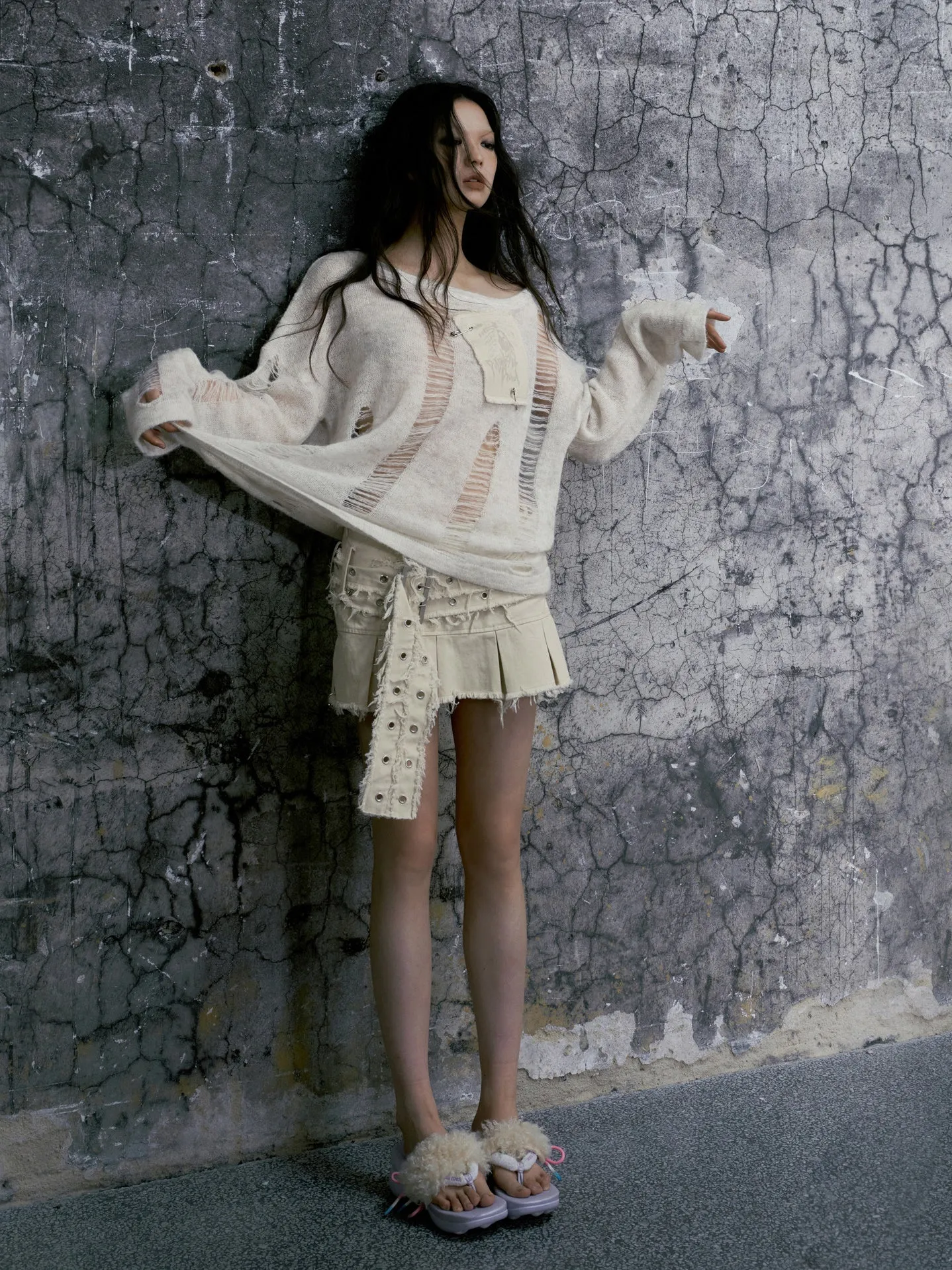 Raw Edge Denim Pleated Skirt