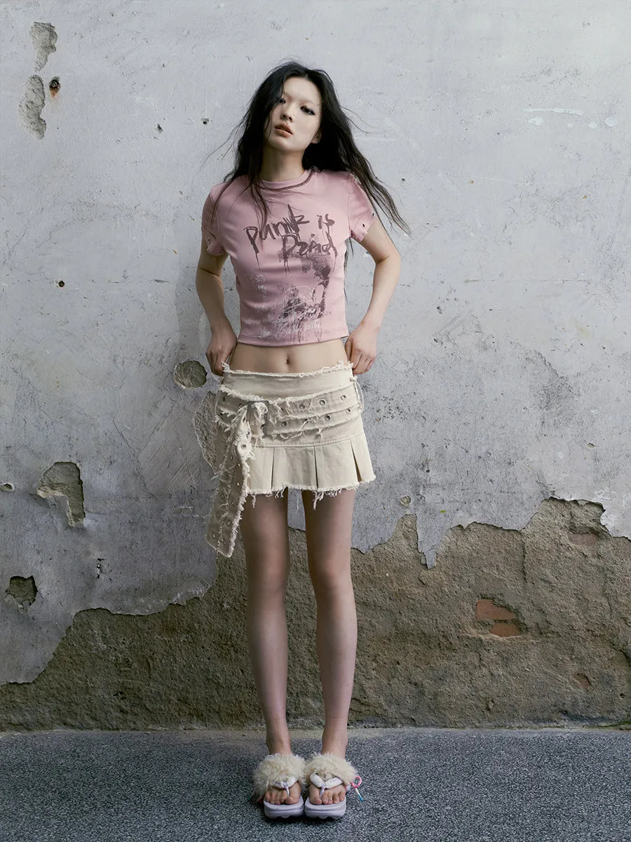 Raw Edge Denim Pleated Skirt