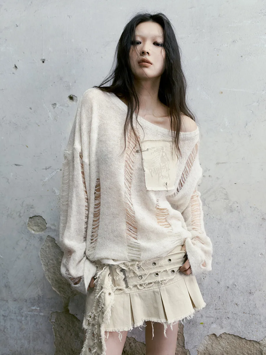 Raw Edge Denim Pleated Skirt