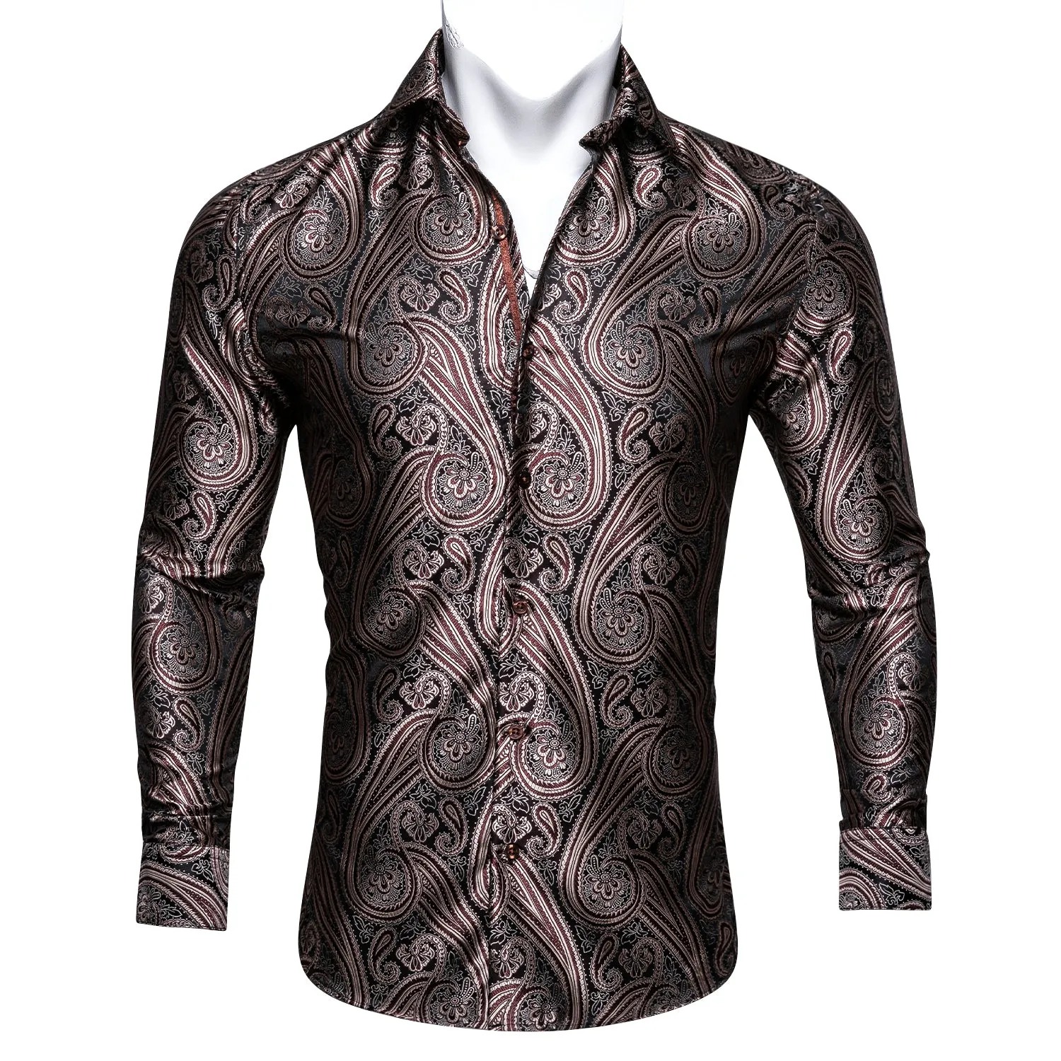Red-brown Paisley Silk Men's Long Sleeve Shirt