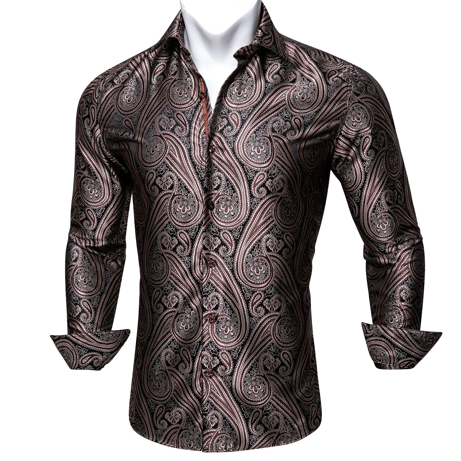 Red-brown Paisley Silk Men's Long Sleeve Shirt