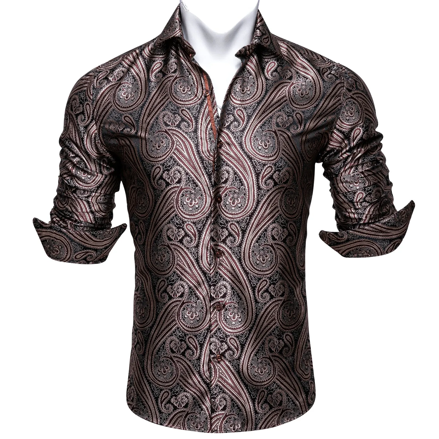 Red-brown Paisley Silk Men's Long Sleeve Shirt