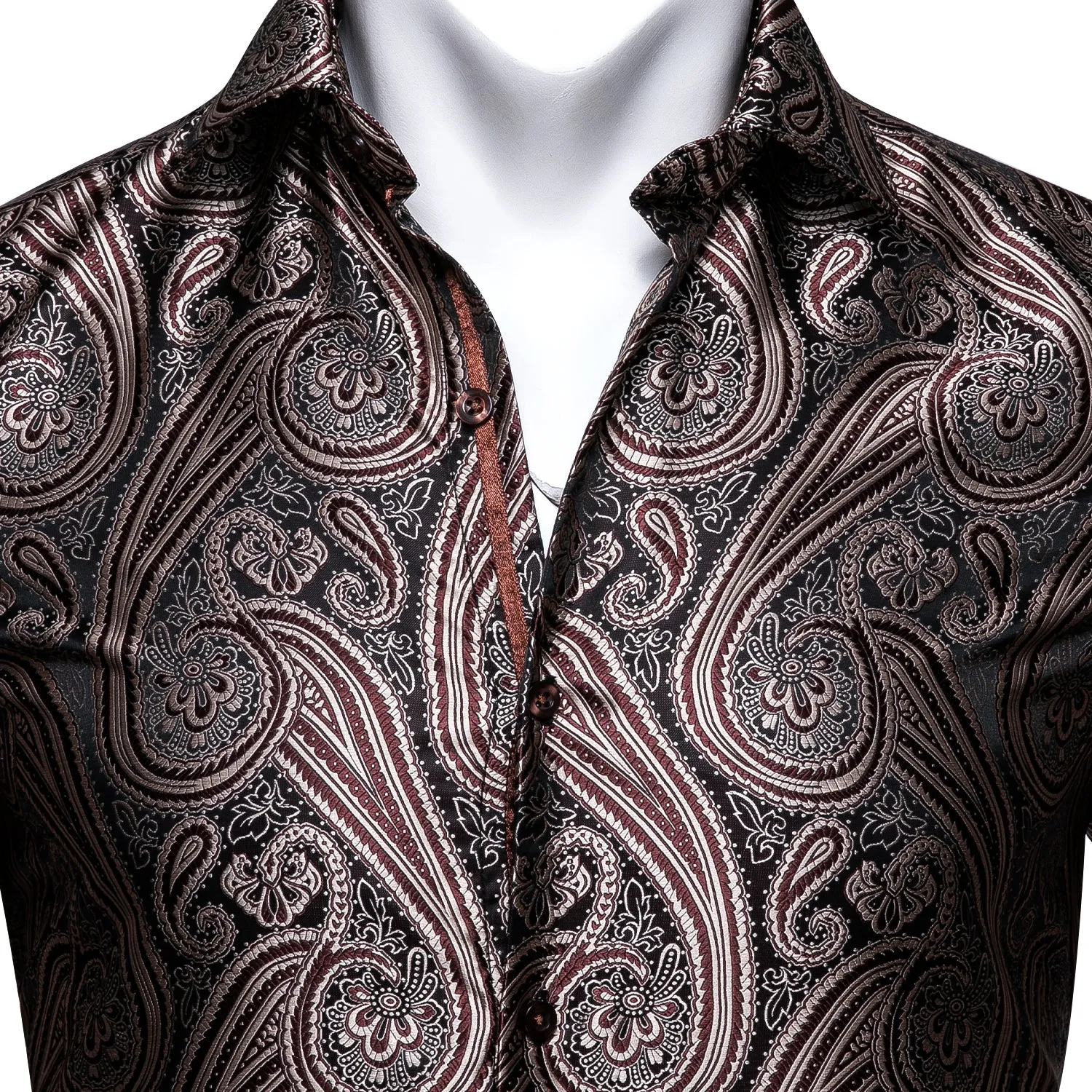 Red-brown Paisley Silk Men's Long Sleeve Shirt