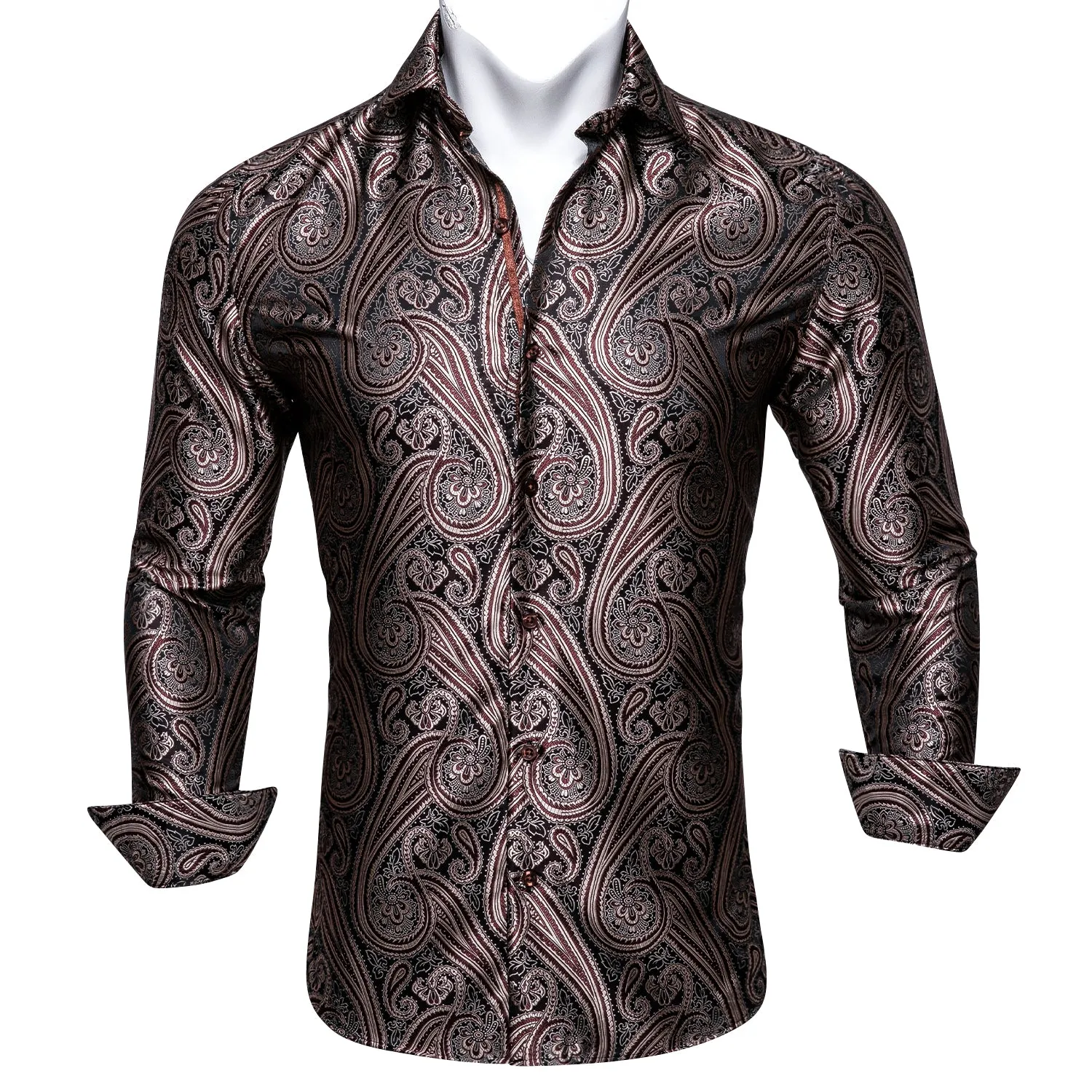 Red-brown Paisley Silk Men's Long Sleeve Shirt