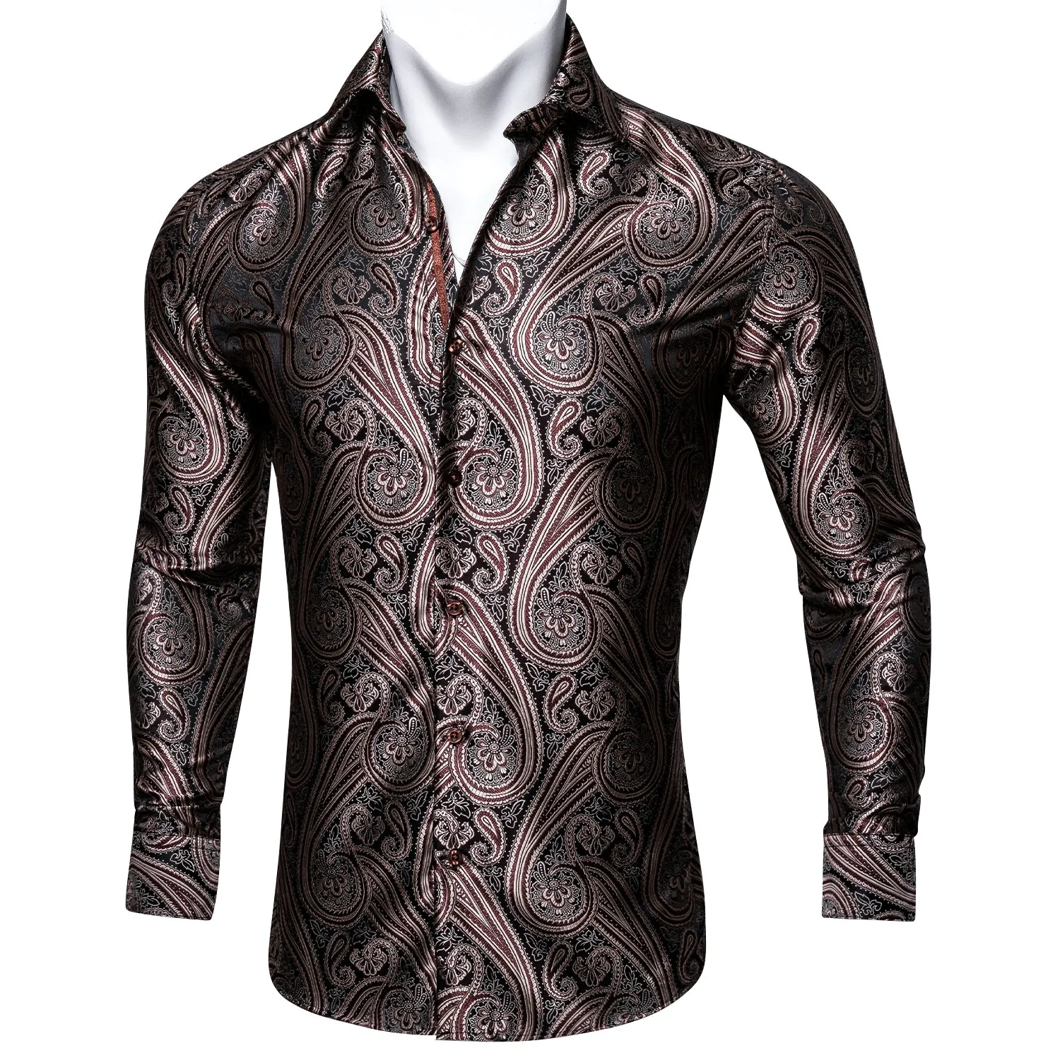 Red-brown Paisley Silk Men's Long Sleeve Shirt