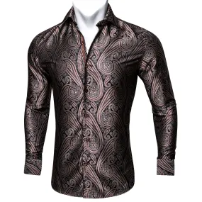 Red-brown Paisley Silk Men's Long Sleeve Shirt