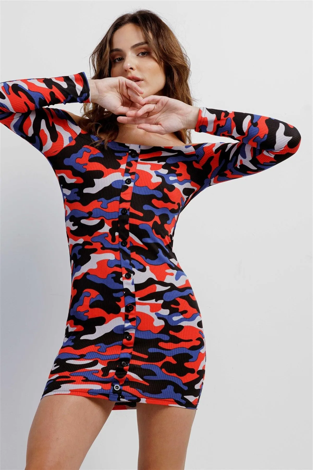 Red Multi Camo Ribbed Off-The-Shoulder Button Down Bodycon Mini Dress /2-2-2