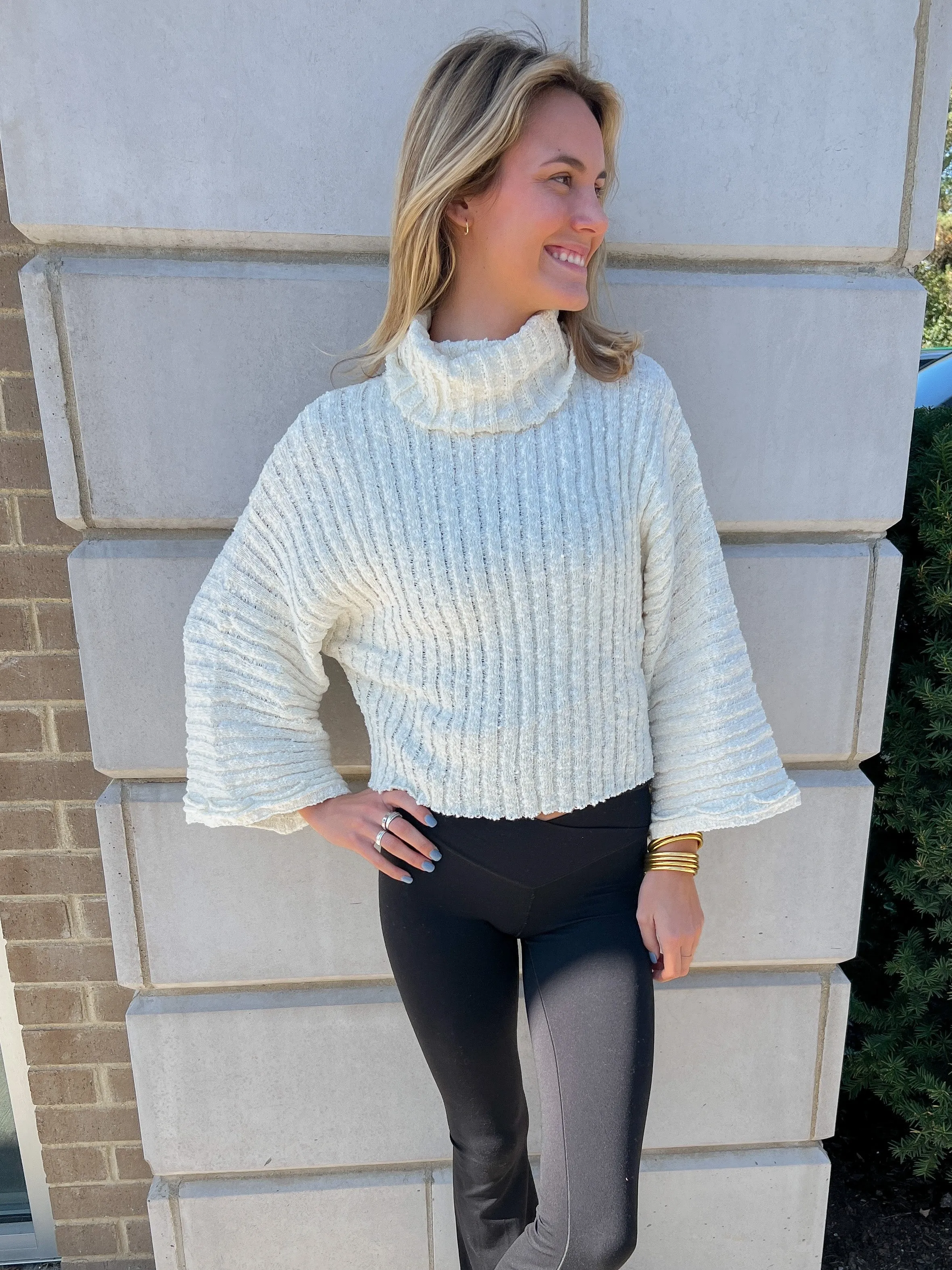 Ribbed Cropped Wide Dolman Slv Turtleneck Sweater