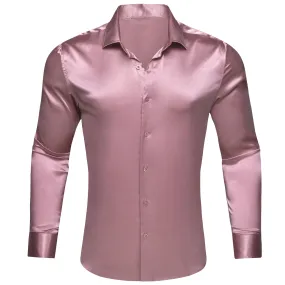 Rose Pink Satin Solid Silk Men's Long Sleeve Shirt