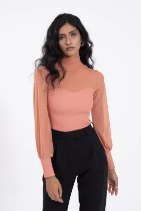 Salmon Balloon Sleeve Transparent Detailed Blouse