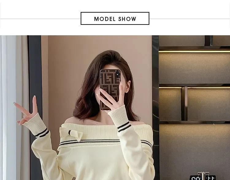 Set: Off Shoulder Striped Sweater   Mid Rise Plain Mini Pleated Skirt