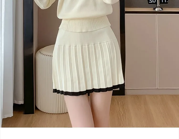 Set: Off Shoulder Striped Sweater   Mid Rise Plain Mini Pleated Skirt