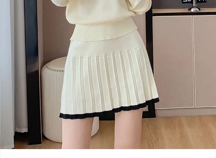 Set: Off Shoulder Striped Sweater   Mid Rise Plain Mini Pleated Skirt