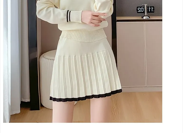 Set: Off Shoulder Striped Sweater   Mid Rise Plain Mini Pleated Skirt