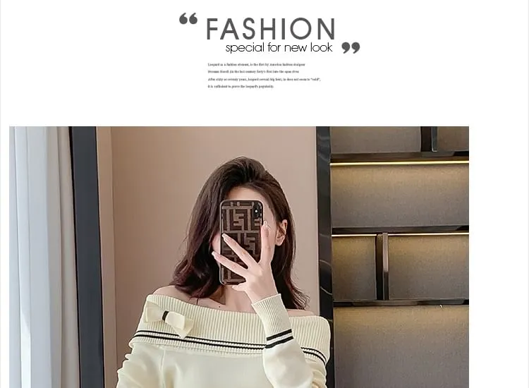 Set: Off Shoulder Striped Sweater   Mid Rise Plain Mini Pleated Skirt
