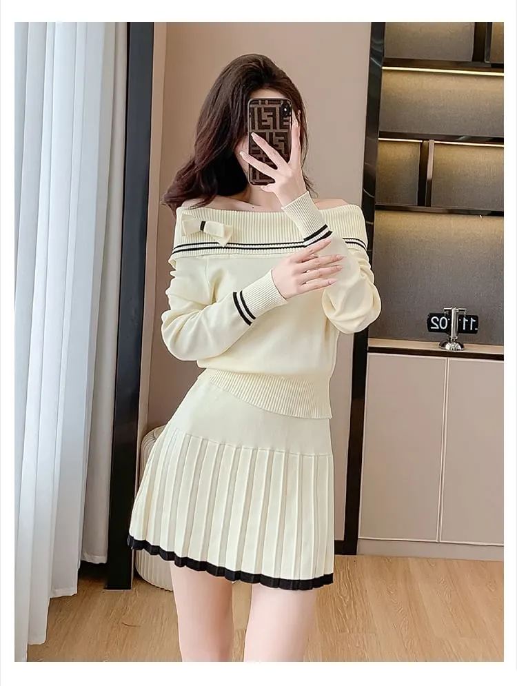 Set: Off Shoulder Striped Sweater   Mid Rise Plain Mini Pleated Skirt