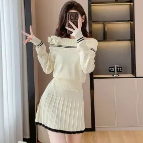 Set: Off Shoulder Striped Sweater   Mid Rise Plain Mini Pleated Skirt
