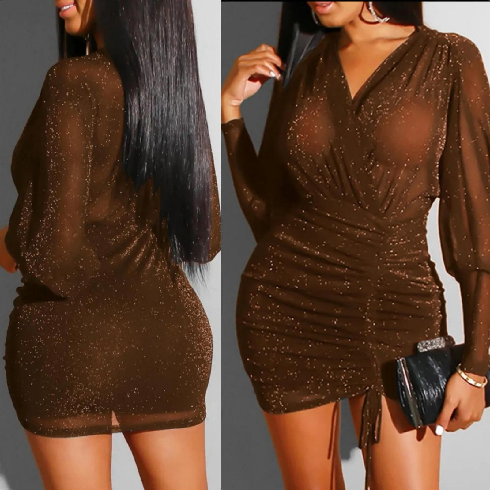 Sexy Mesh Glitter V Neck Dress