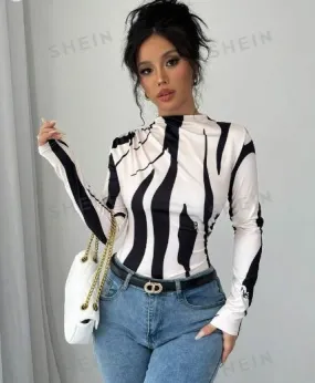 Shein Turtleneck One Shoulder Elastic Pleated Ruched Waist T-Shirt  