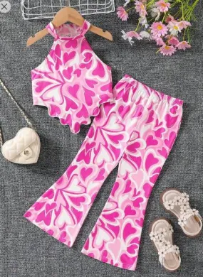Shein Young Girl Sweetheart Knitted Halter Top With Flared Long Pants, 6T /