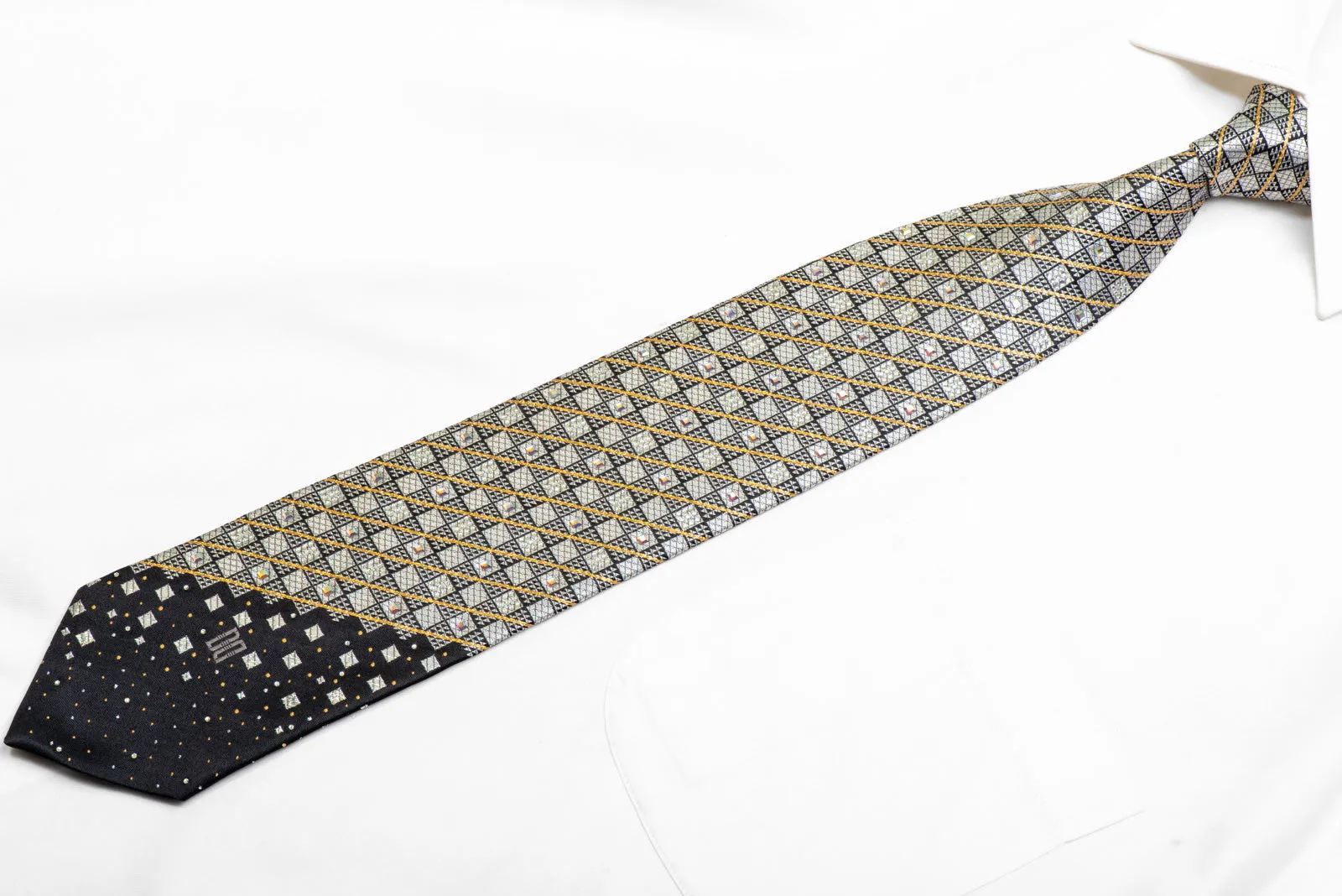 Silver Checkered With Gold Stripes On Black Rhinestone Silk Necktie With Sparkles