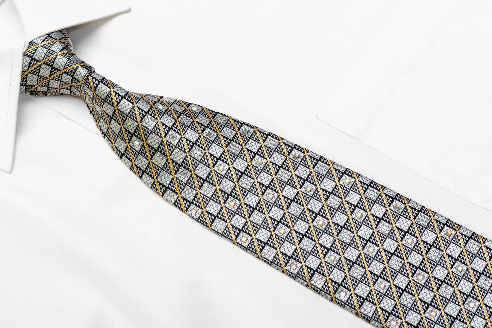 Silver Checkered With Gold Stripes On Black Rhinestone Silk Necktie With Sparkles
