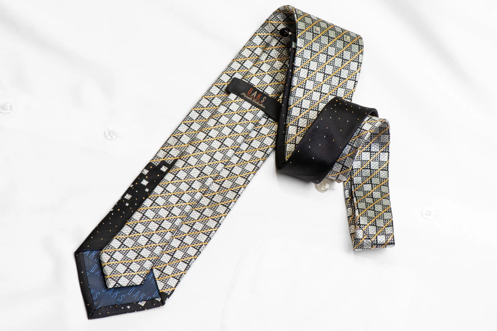 Silver Checkered With Gold Stripes On Black Rhinestone Silk Necktie With Sparkles