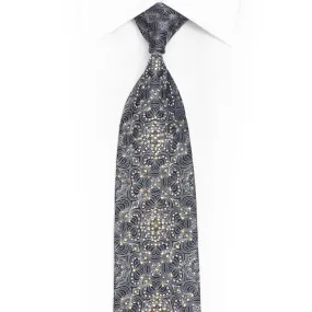 Silver Ornate Design On Navy Rhinestone Silk Necktie