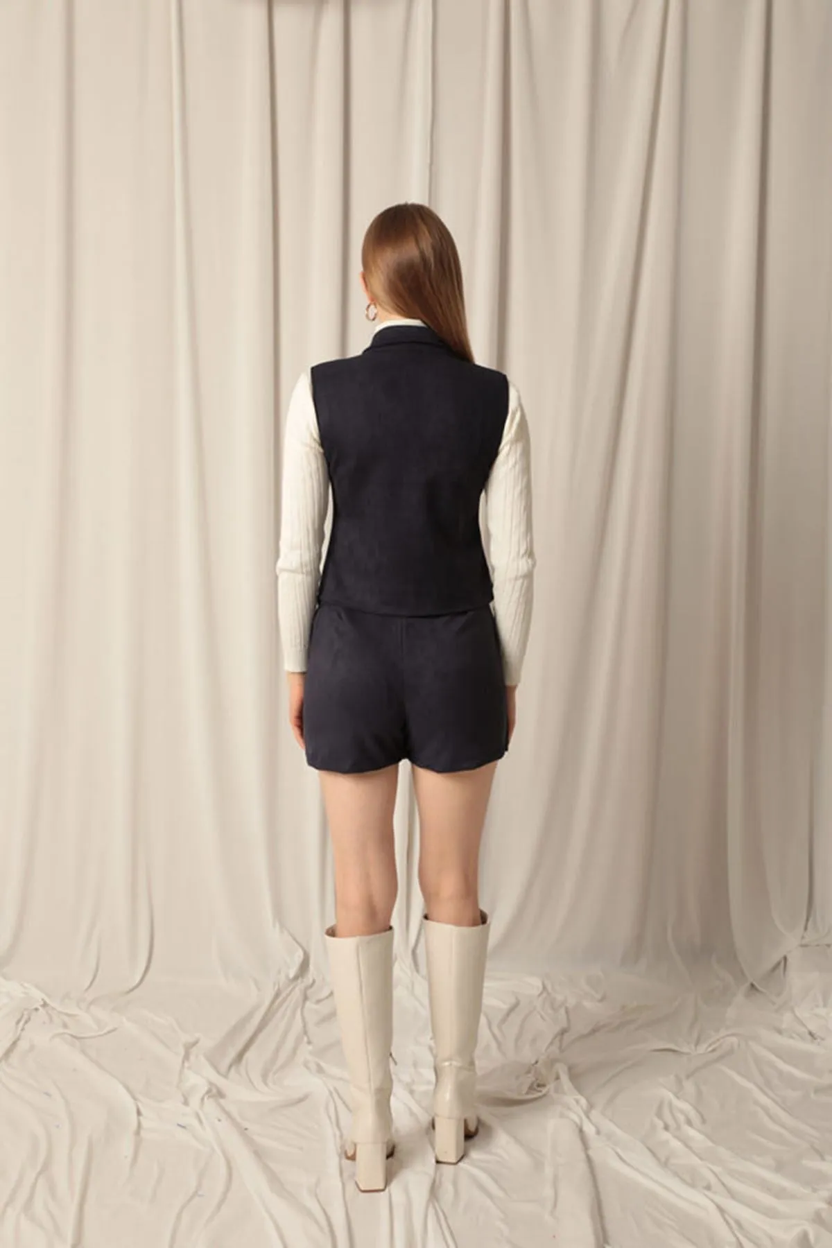 Suede Fabric Women's Navy Blue Vest