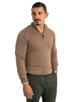 Taupe Cotton Cashmere Zip Neck Jumper