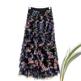Tiered floral mesh long skirt with fitted upper section