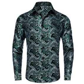 Ties2you Button Down Shirt Sapphire Pine Green Silver Jacquard Floral Silk Shirt