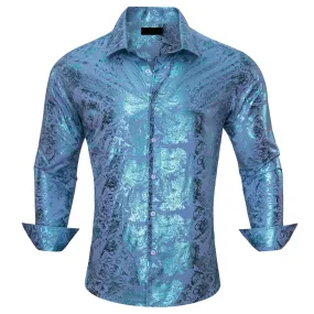 Ties2you Button Down Shirt Sky Blue Bronzing Floral Silk Long Sleeve Shirt for Men