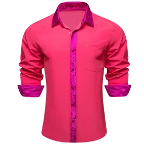 Ties2you Button Up Shirt Dark Pink Splicing Silk Long Sleeve Shirt for Men
