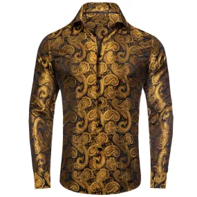 Ties2you Men's Shirt Gold Black Paisley Silk Long Sleeve Dress Shirt