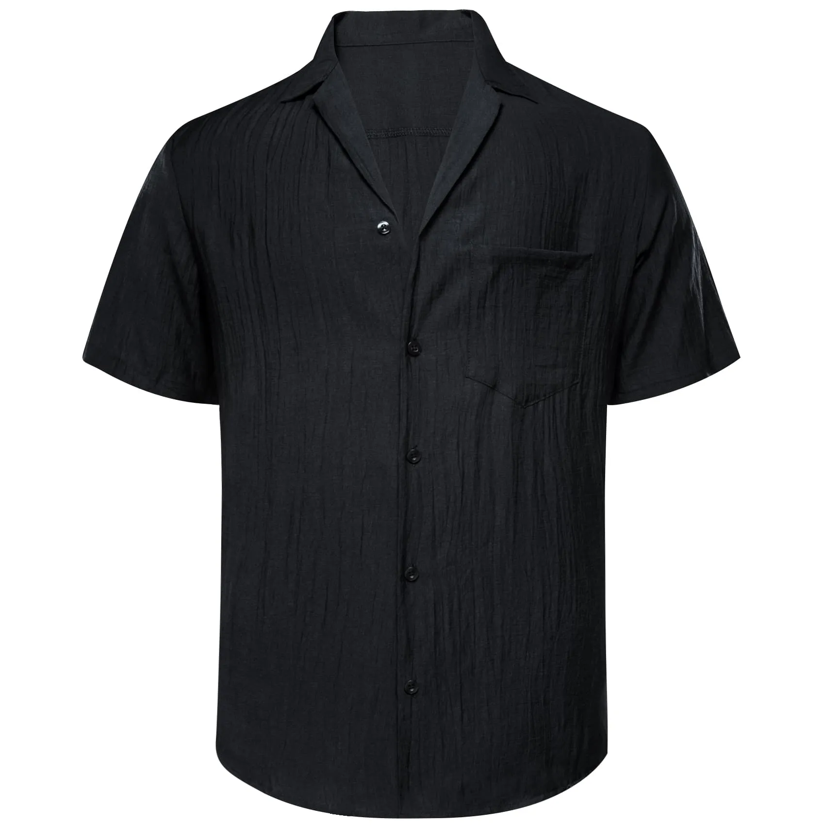 Ties2you Short Sleeve Shirt Black Solid Men's Silk Notched Collar Button Down Shirt