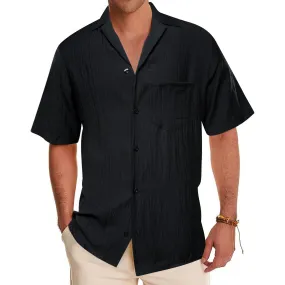 Ties2you Short Sleeve Shirt Black Solid Men's Silk Notched Collar Button Down Shirt